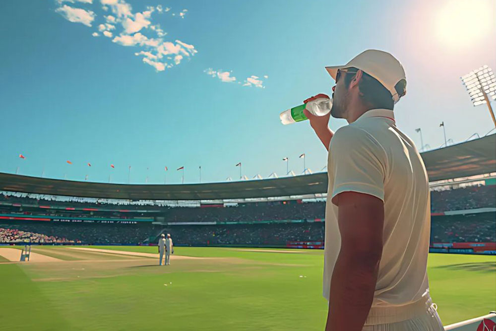 Man Drinking Water in a Stadium With a Match Going On 