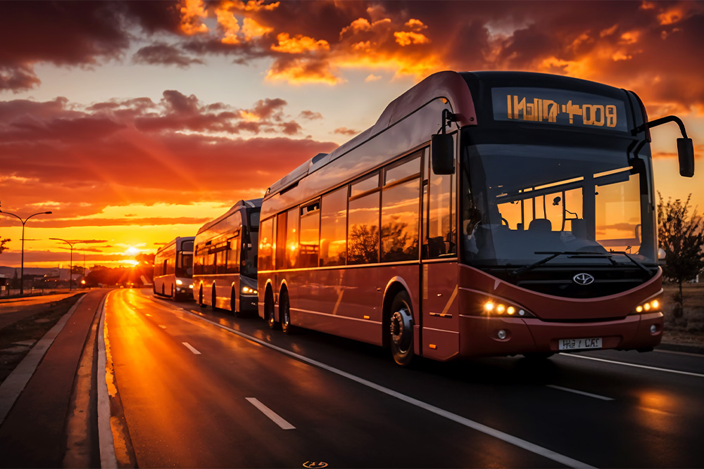 Group of moving buses 