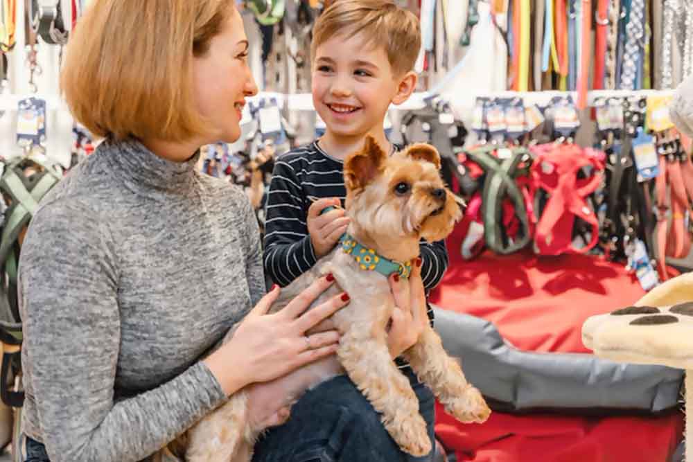 Mother with her son and pet dog at a store