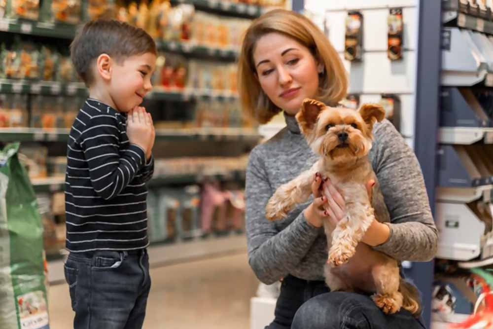 Woman holding a dog at the pet shop