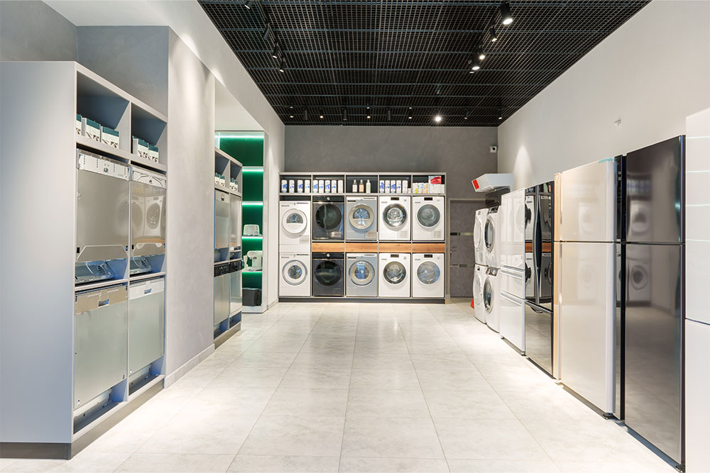 Refrigerators, washing machines and other electronic items in a store in an electronic shop in Dubai