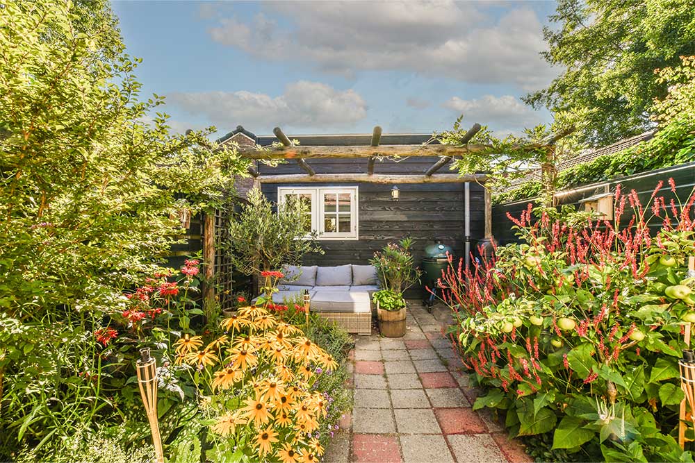 Green garden outside of modern vacation house