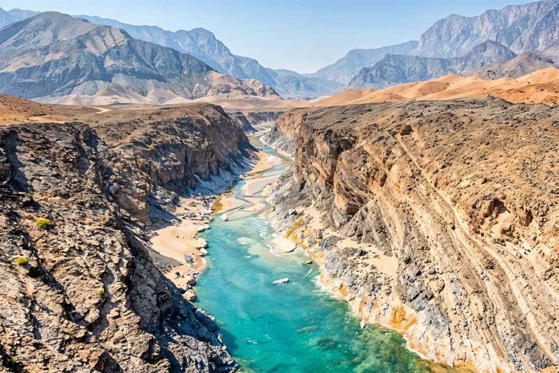 Water has cut through desert rock to create Wadi Dyqah, one of the most beautiful natural landscapes in the Sultanate of Oman.