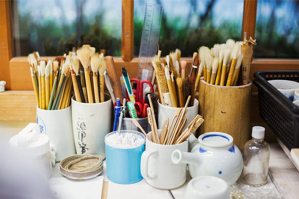 Paint brushes and tools in an art supply shop in Dubai