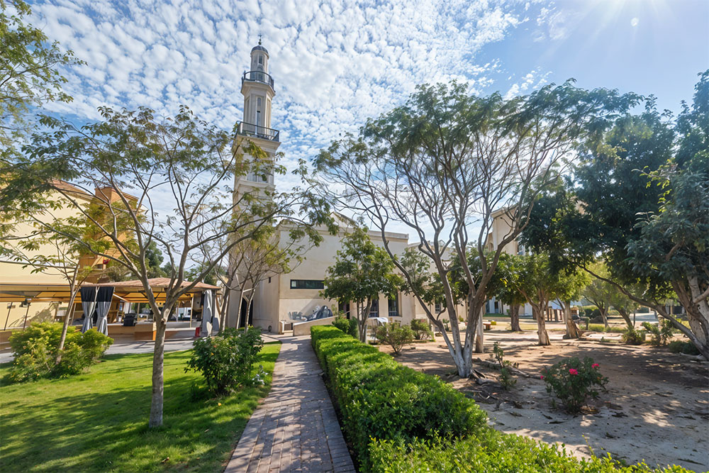 park with a mosque in background