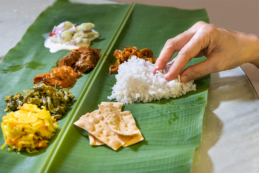 South Indian food on banana leaf