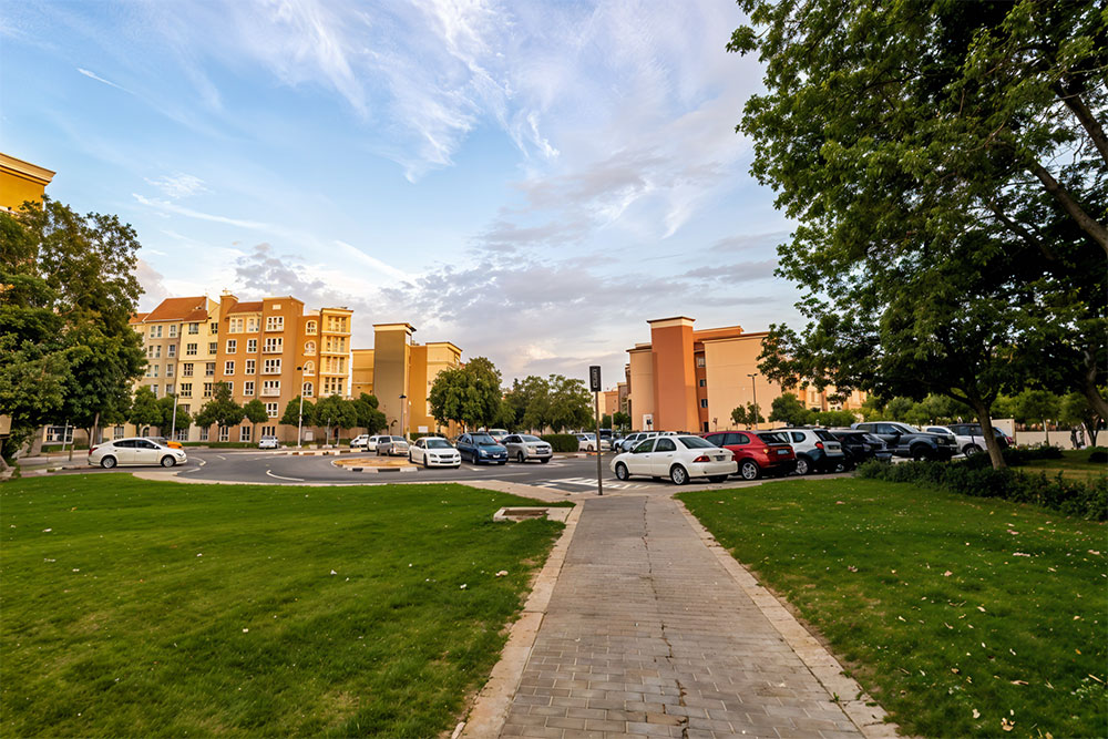 buildings and parking area in Discovery Gardens