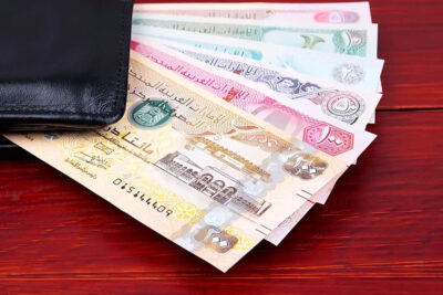 United Arab Emirates Dirham in the black wallet