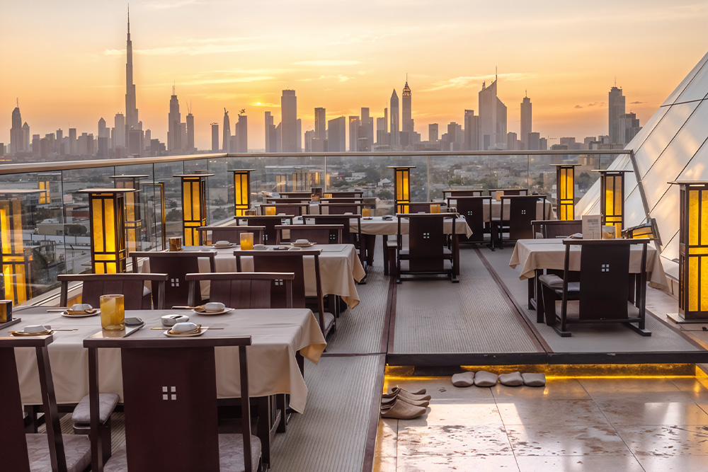 Stunning view of a rooftop restaurant in Dubai