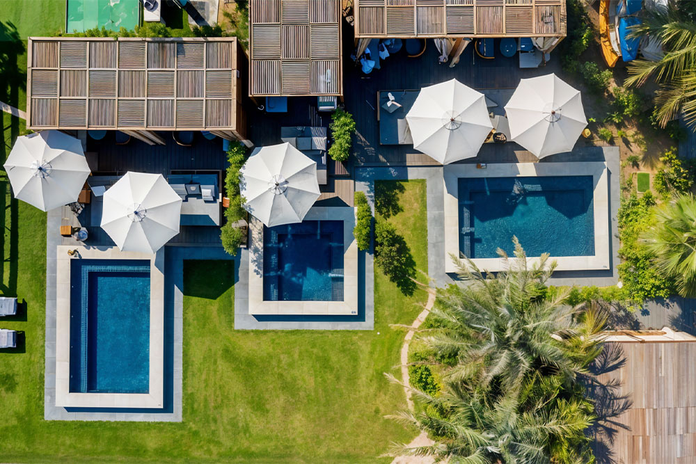 Drone shot of private cabanas in Azure Beach Dubai