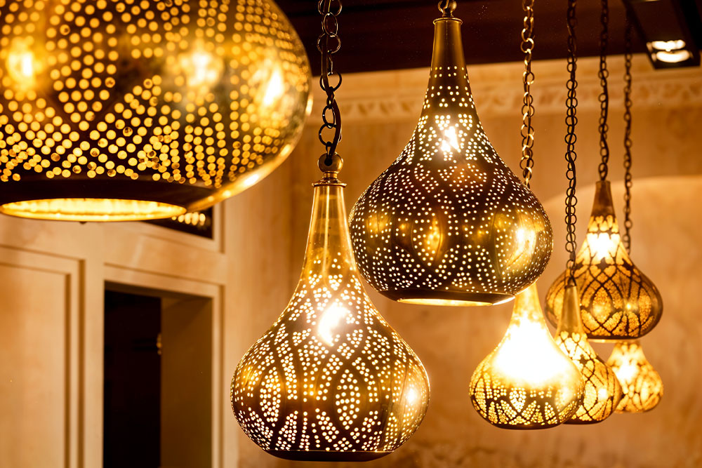 display of classic lamps in a vintage shop