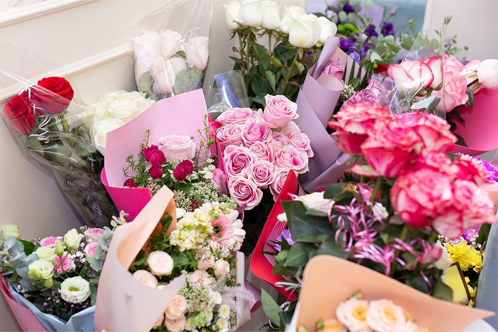 themed flower bouquets in a shop