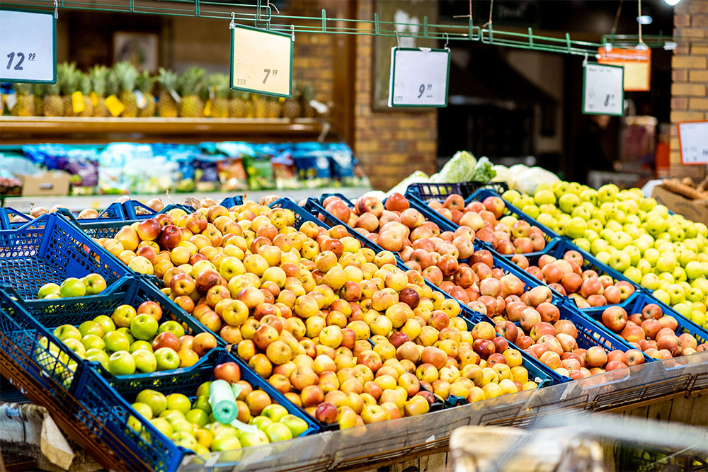 Fresh fruits and vegetables in a supermarket