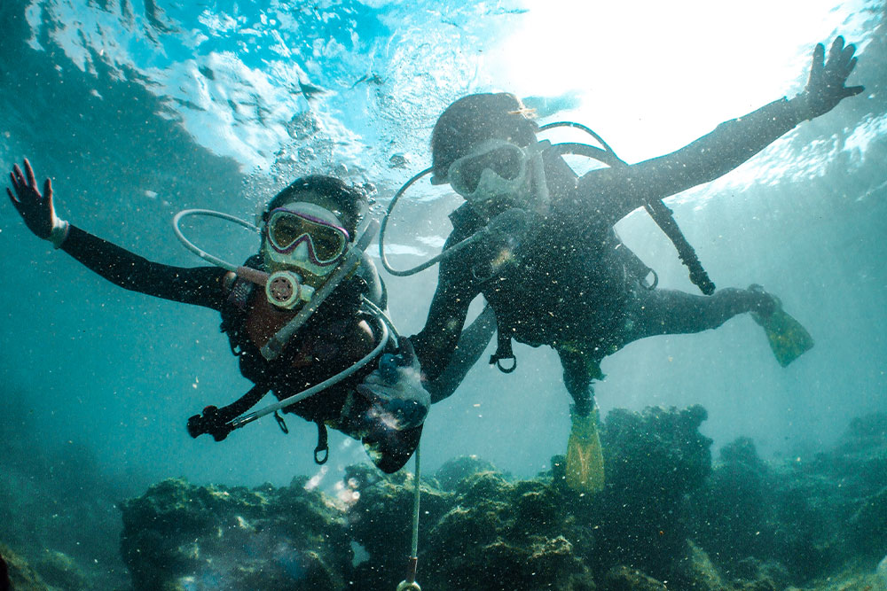 Underwater shot of two people diving