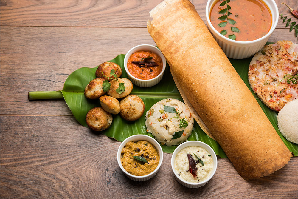 South Indian food served on a banana leaf