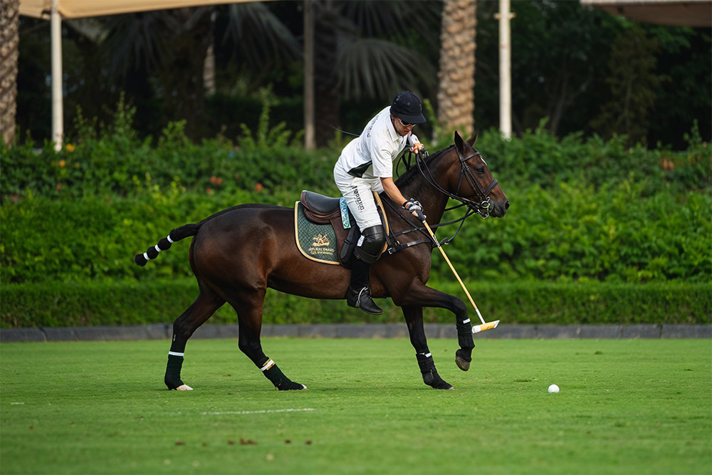 playing polo at Desert Polo Club and Academy in Dubai