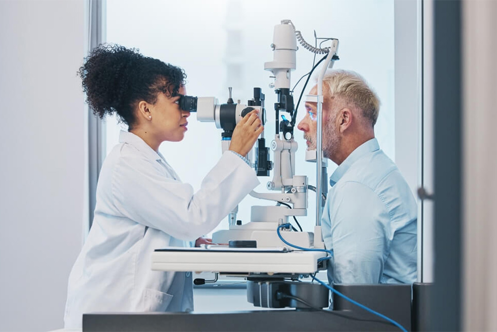 Doctor examining a patient in the eye clinic 