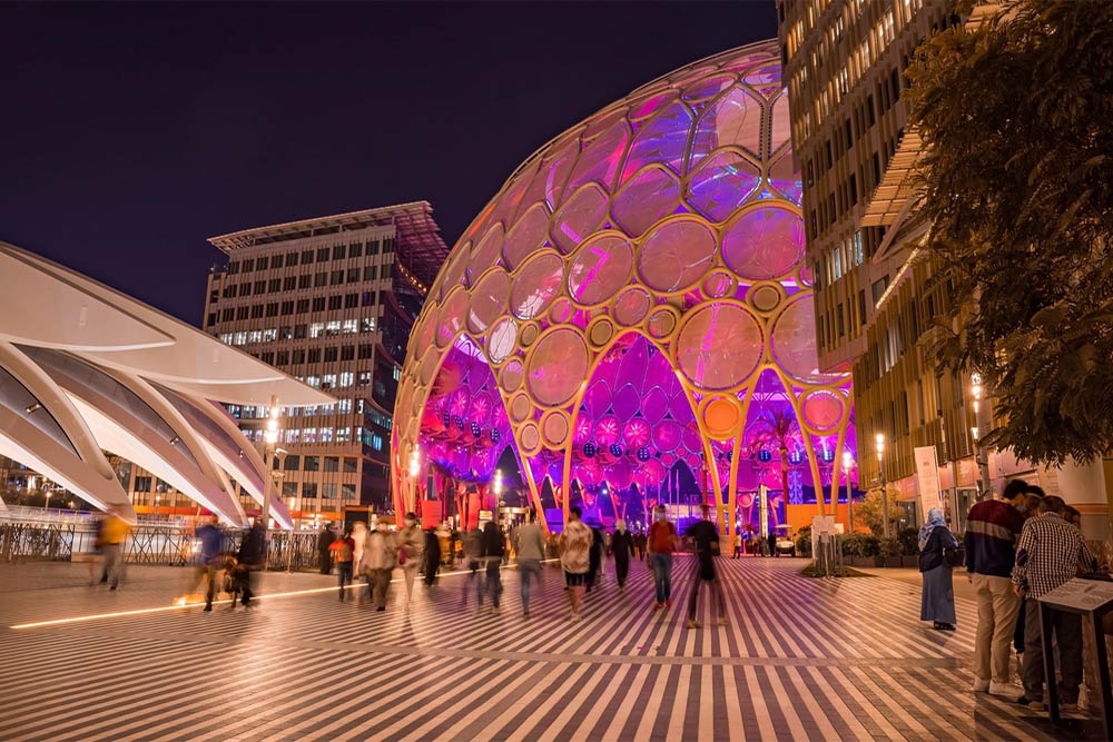 Expo City Dubai at night time 