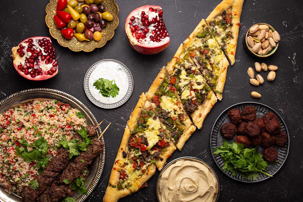 Assorted Lebanese food at a restaurant 