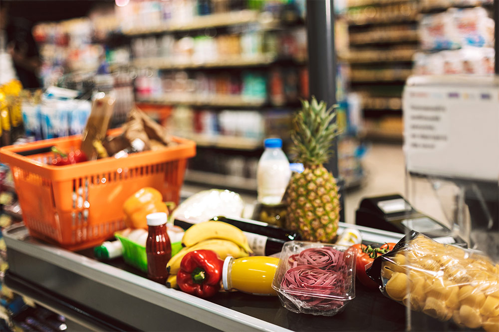 Groceries on the cashier desk