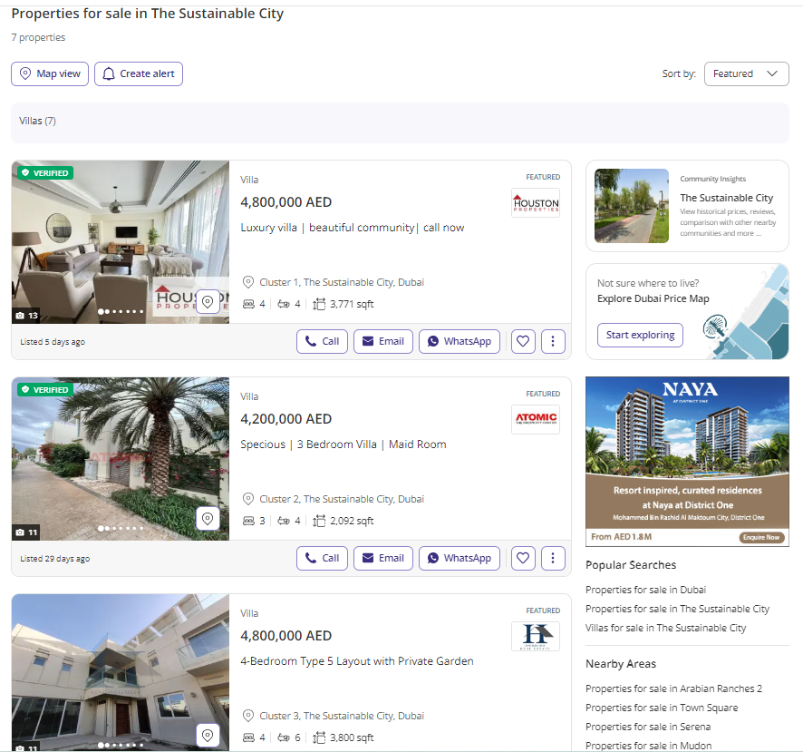 Property listings for villas in The Sustainable City, Dubai, displayed on Property Finder's platform, showcasing verified listings with details like price, size, and features for eco-friendly living.