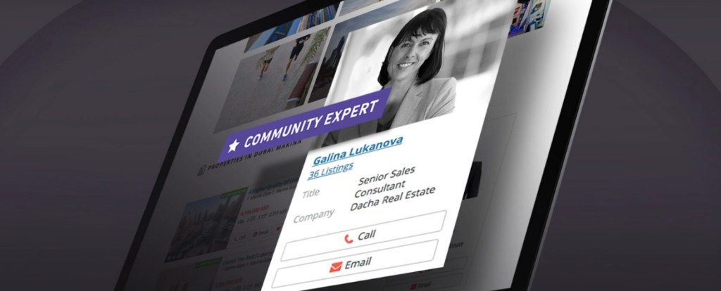 Screenshot of the Community Expert banner displayed prominently on Property Finder's website, showcasing enhanced visibility for real estate agents.