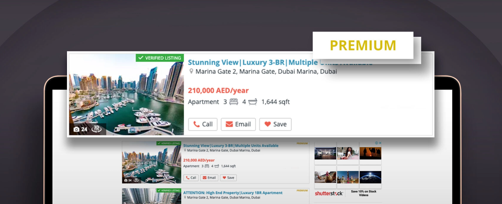 Screenshot of Property Finder's interface showcasing premium properties.