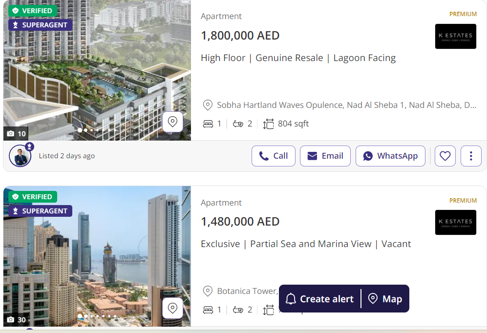 Screenshot of Property Finder's interface displaying verified property listings.